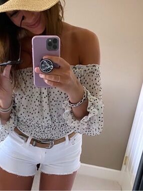 Anthropologie Off-Shoulder Polka Dot Smocked Top